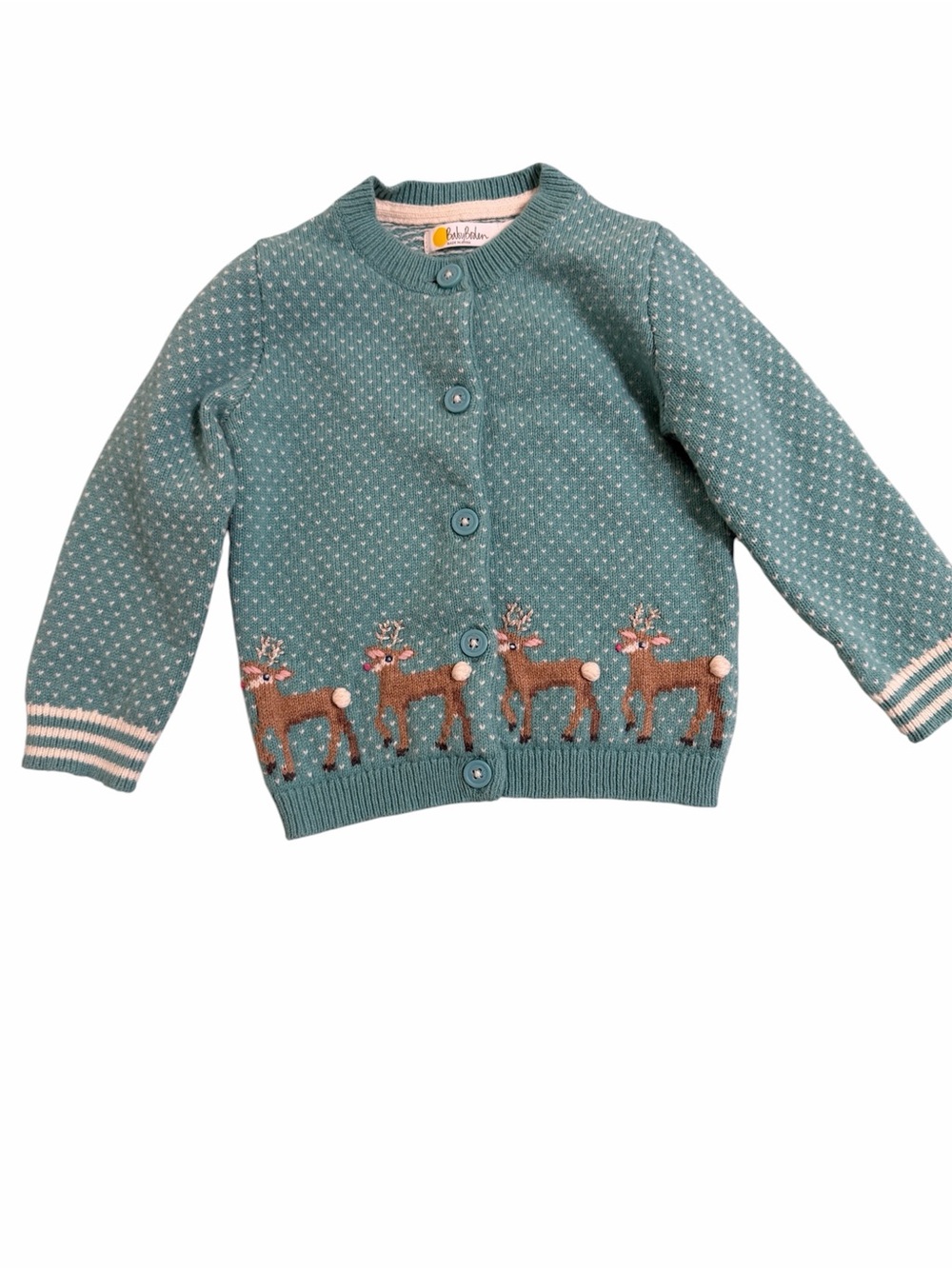 Baby Boden Teal Knit Cardigan with Deer Motif